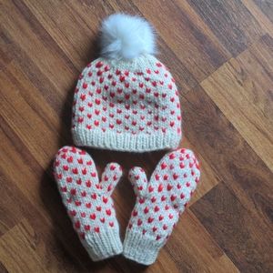 Heart and Soul Fair Isle Pom Hat Heart Mittens